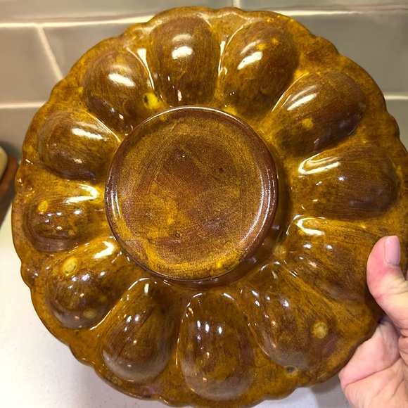 MCM Deviled Egg & Olive Dish Brown Orange Ceramic Dotted Glaze 1970s Holds 12 - Picture 6 of 8